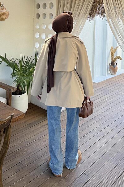 lamelif Short Trench Coat with Shoulder Epaulettes Beige