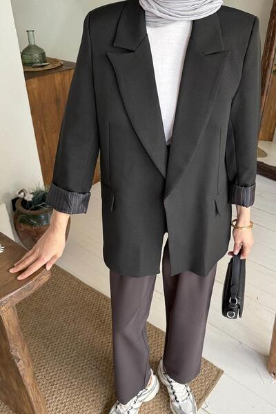 lamelif Μπουφάν Hijab με ριγέ επένδυση μαύρο