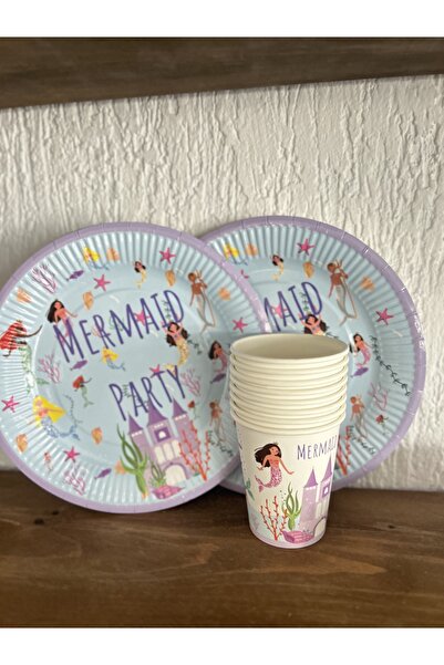 Partifabrik Mermaid Themed Cardboard Plates and Cups 8 Plates 8 Cups