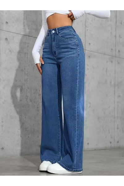 beeke Astrid Kadın 90's Kar Yıkama Mavi Likralı Süper Yüksek Bel Salaş Jeans Palazzo Kot Pantolon