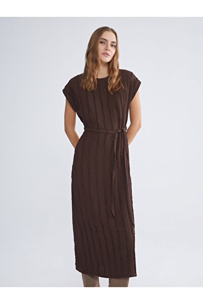 LC Waikiki Brown Crew Neck Striped Dress