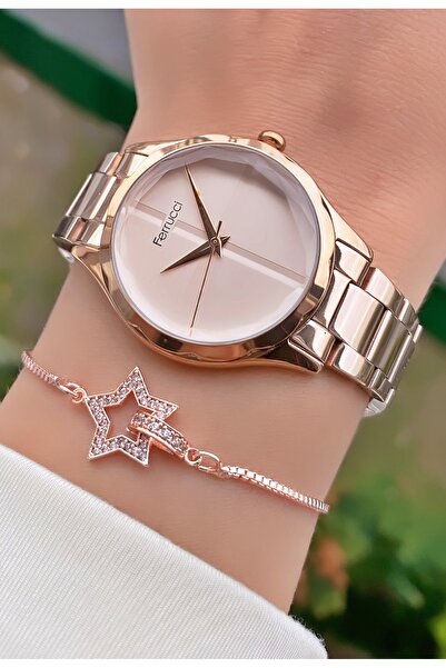 Ferrucci Women's Wristwatch – Rose Gold Steel Band, Crystal Cut Glass, Star Figured Bracelet Gift