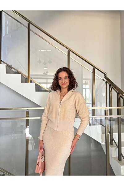 Sude Kızanlıklı Zippered Collar Cardigan Pencil Skirt Knitwear Set