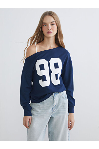 LC Waikiki Navy Blue Boat Neck Printed Women's Sweatshirt