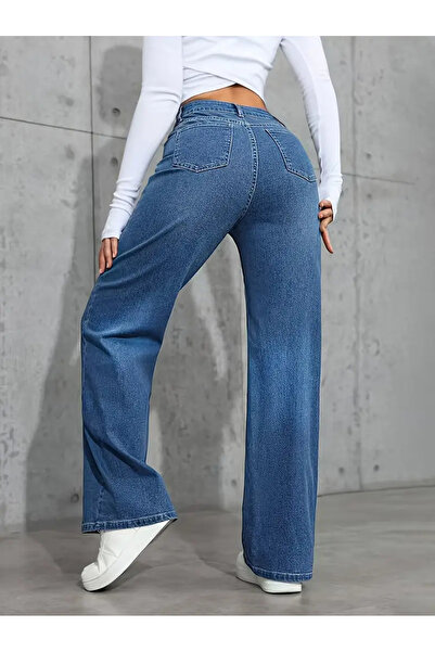 beeke Astrid Kadın 90's Kar Yıkama Mavi Likralı Süper Yüksek Bel Salaş Jeans Palazzo Kot Pantolon