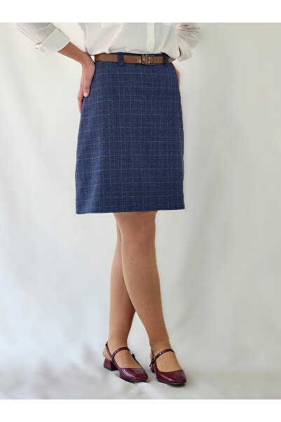 YAXİ YÜKSEK BEL HAFİF LİKRALI DOKUMA KUMAŞ DİZ BOY MAVİ KARELİ ÇAN ETEK