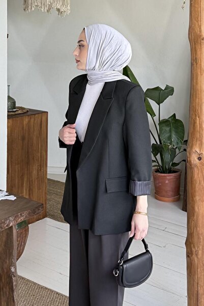 lamelif Μπουφάν Hijab με ριγέ επένδυση μαύρο