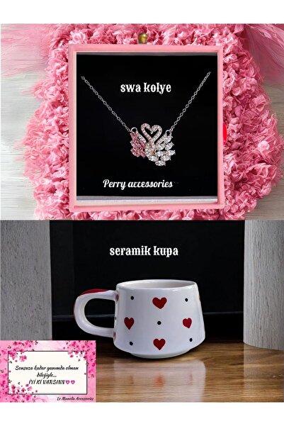 Perry Accesories pembe beyaz kararmaz çelik kuğu swa kolye ve kalp kupa barda...