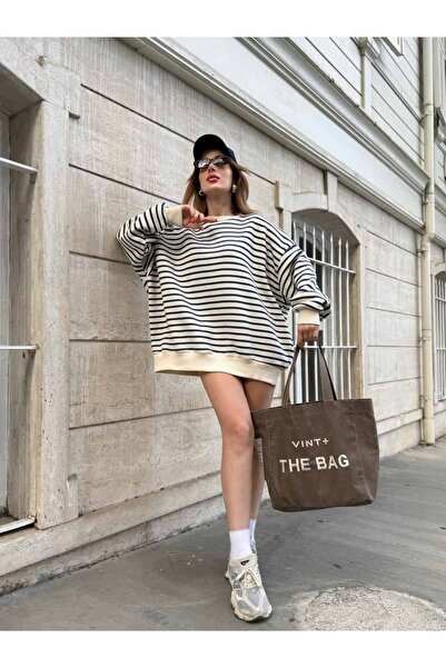 YK FASHION Çizgili Oversize Şardonlu Sweat