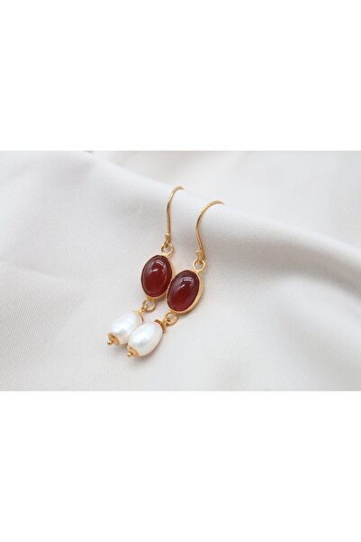 alpsilverart El İşi Doğal Akik ve İnci Taşlı Gümüş Küpe |Otantik Kadın Takı 925 Ayar