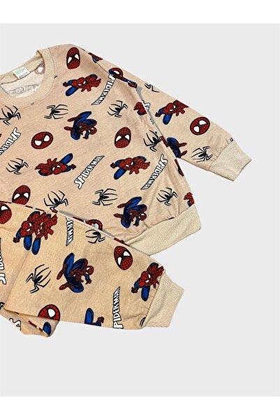 tusem butik homewear Boy's Cotton Ribbed Beige Long Sleeve Winter Pajama Set