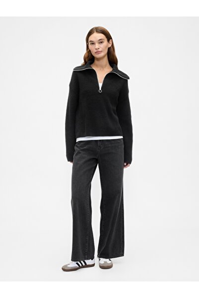 GAP Kadın Siyah Relaxed Çeyrek Fermuarlı Kazak