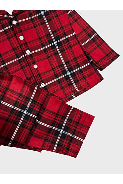 tusem butik homewear Erkek Çocuk Pamuklu Süet Kumaş Kırmızı Ekose Desenli Gömlek Yaka Uuzn Kollu Kışlık Pijama Takımı