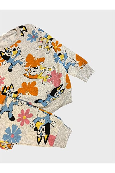 tusem butik homewear Σετ χειμερινής πιτζάμα με μακρυμάνικο μοτίβο γκρι μπλε με βαμβακερή επένδυση για κορίτσια