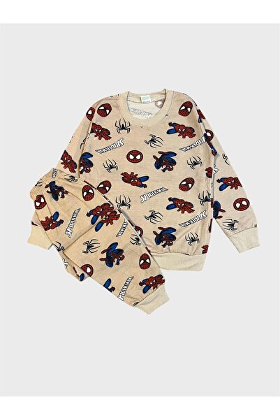 tusem butik homewear Boy's Cotton Ribbed Beige Long Sleeve Winter Pajama Set