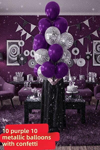 Baloncu Nene 20 Pieces Balloons with Purple and Silver Confetti Purple Balloo...