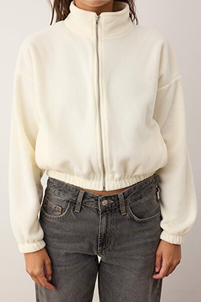 Trendyol Collection Ecru Fleece με φερμουάρ Oversize/Wide Fit Πλεκτό Φούτερ TWOAW26SW00057