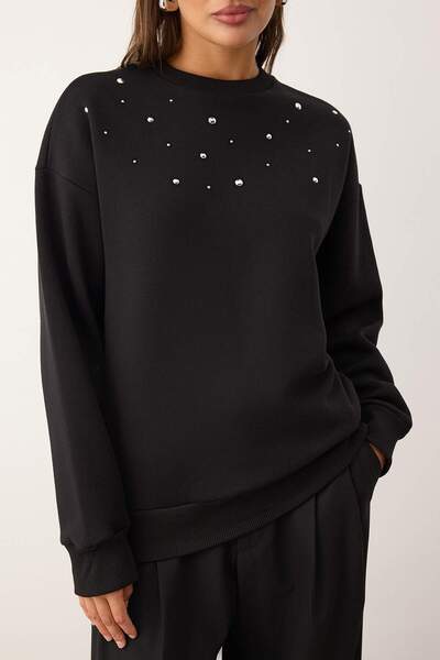 Trendyol Collection Černá oversize/široká vyšívaná mikina s vnitřním fleecem TWOAW26SW00067