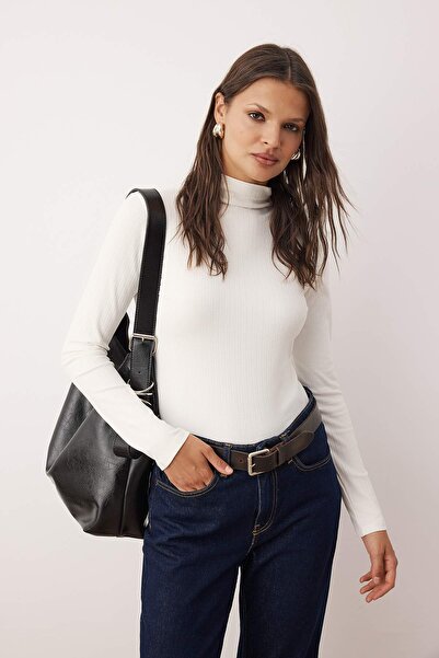 Trendyol Collection Ecru More Sustainable Fitted/Fitted Ribbed Stretchy Knitted Blouse Twoaw26Bz00227