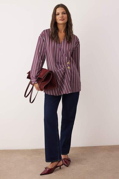 Trendyol Modest Multicolor Regular Terrycotton Striped Woven Hijab Shirt Tctaw26Tg00005