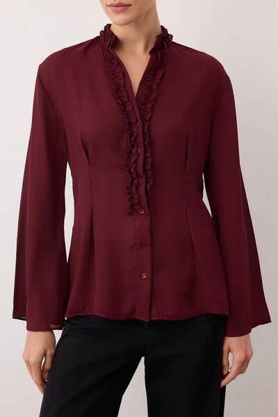 Trendyol Collection Cămașă Boho cu guler cu volane și detaliu de culoare prune TWOAW26GO00023