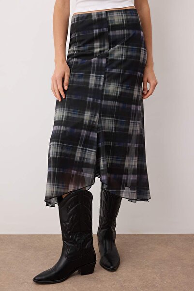 Trendyol Collection Black Plaid Printed Bodycon Tulle Stretchy Knitted Skirt Twoaw26Et00088
