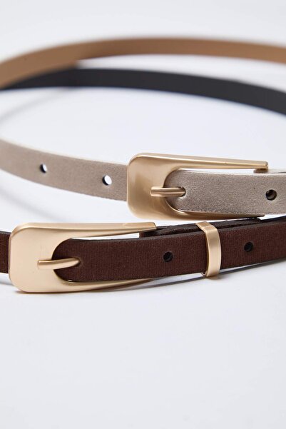 Trendyol Collection Brown-Beige 2-Pack Suede Women's Belt Twoss25Ke00010
