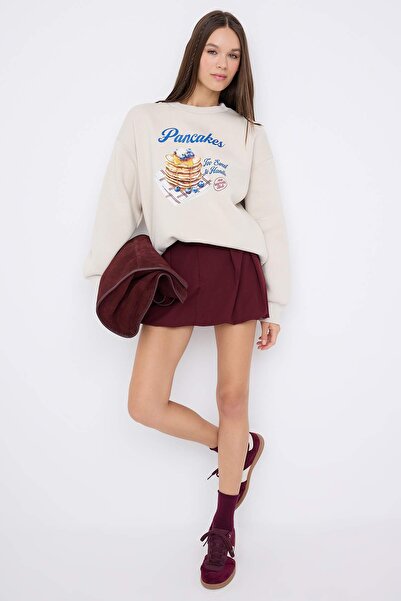 Trendyol Collection Teen Stone Thick Fleece Inside Oversize Wide Cut Pancake Printed Knitted Sweatshirt Twoaw26Sw00156