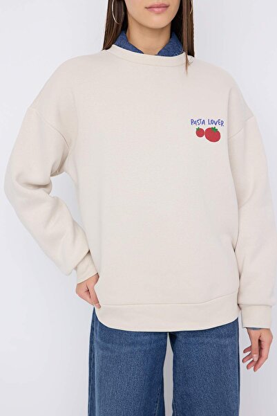 Kolekcia Trendyol Teen Taş Oversize/Široký strih mikiny s potlačou na chrbte, hrubý fleece vo vnútri, pletená mikina TWOAW26SW00177