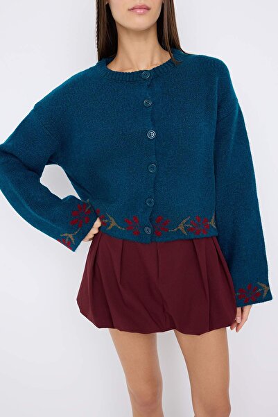 Trendyol Collection Teen Petrol Soft Textured Floral Patterned Knitwear Cardigan Twoaw26Hi00152