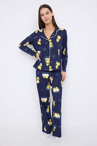 Trendyol Collection Teen Navy Blue 100% Cotton Duck Pattern Ribbed Knitted Pajama Set Thmaw26Pt00117