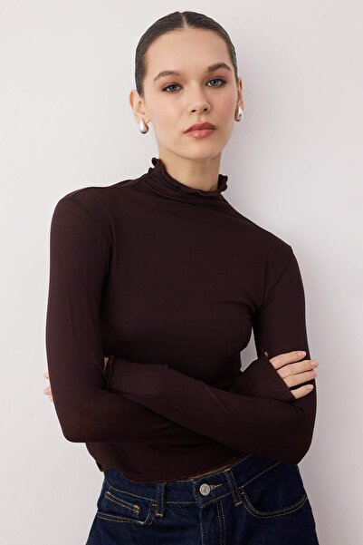 Trendyol Collection Кафява прозрачна блуза с яка, еластична, с нормална дължина, плетена TWOAW26BZ00266