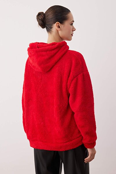 Trendyol Collection Rotes Plüsch-Sweatshirt mit Etikettendetail, reguläre Passform, gestricktes Plüsch-Sweatshirt TWOAW26SW00221