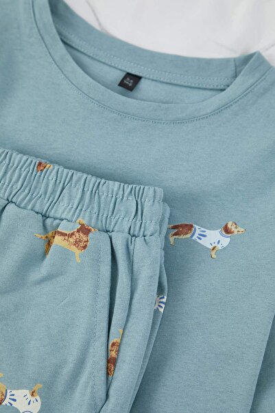 TRENDYOLKIDS Set pijamale tricotate regulare pentru băiat albastru 100% bumbac cu imprimeu animal TKDAW26PT00005