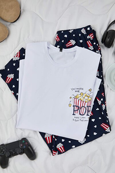 Trendyol Collection Білий Regular Fit Бавовняний піжамний комплект з довгими штанами та попкорновим візерунком TMNAW26PT00053