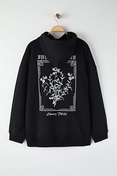 Trendyol Collection Black Oversize/Wide Cut Hooded Fleece Inside Back Printed Plus Size Sweatshirt Tmnaw25Ao00021