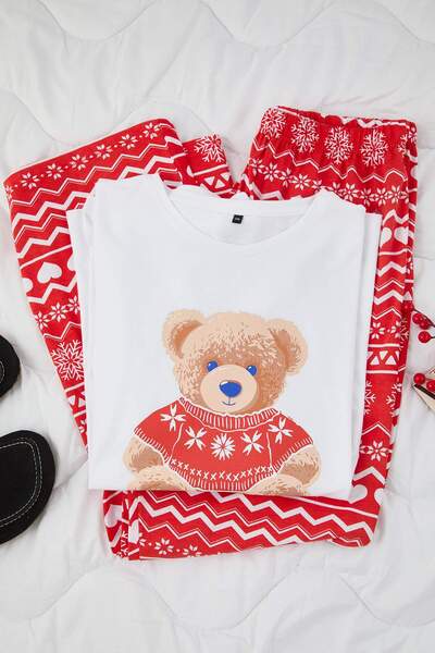 Trendyol Curve Rot-weiß kariertes/quadrisches Single-Jersey-Strickpyjama-Set TBBAW26AI00035