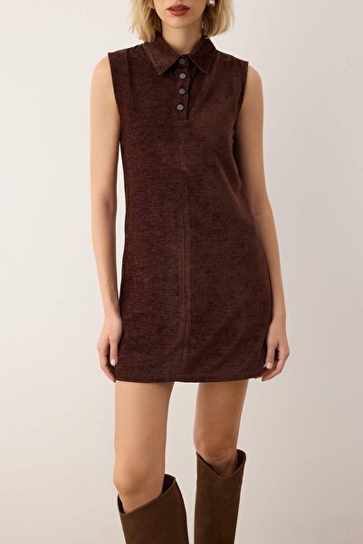 Trendyol Collection Brown Straight Button Detail Short / Mini Woven Dress Twoaw26El00293