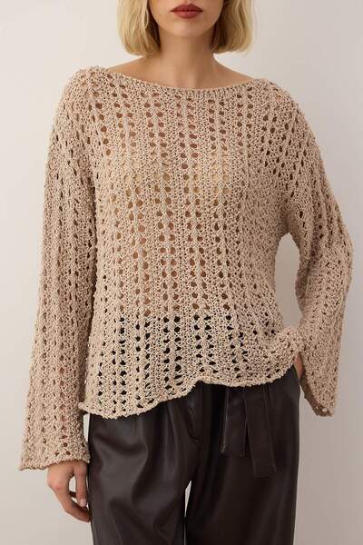 Trendyol Collection Stone Special Yarn Openwork/Hollow Out Boat Neck Knitwear Sweater Twoaw26Kz00193