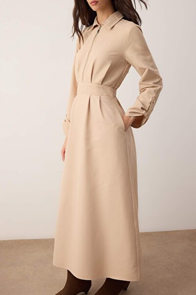 Trendyol Modest Beige Zipper Detailed Gabardine Dress Tctaw26Eb00022
