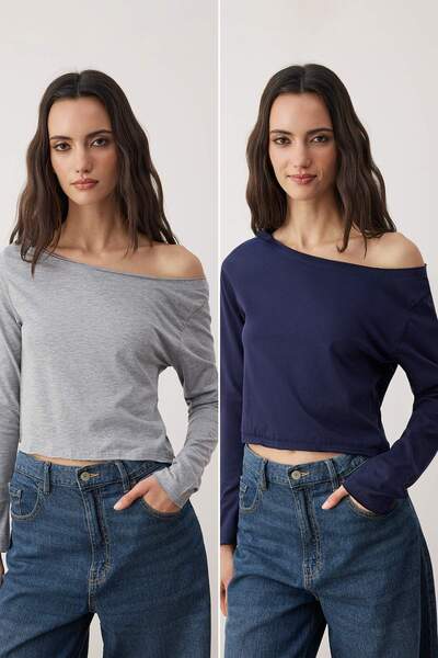 Trendyol Collection Teen Navy Blue-Grey Melange 100% Cotton Open Shoulder Neckline Relaxed Fit Knitted T-Shirt Twoaw26Ts00016
