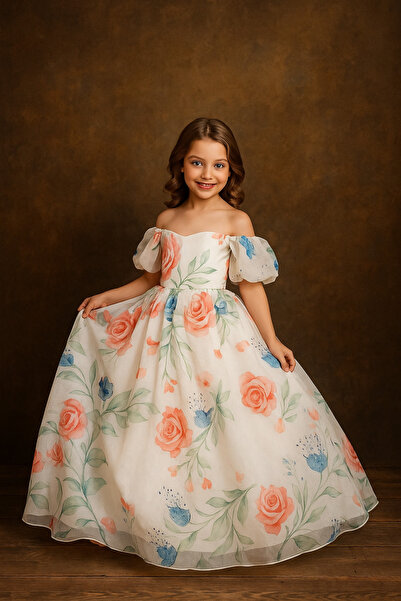 miço kids Kız Çocuk Abiye Elbise Çiçek Desenli Prenses Model Organze Kumaş
