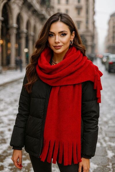 FELLMENS Λούτρινο κόκκινο γυναικείο σάλι Kaşkol