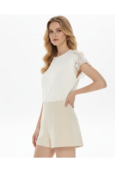 SOFT Romantic Lace Detail on the Shoulder Cotton Tshirt 92% Cotton-8% Lycra