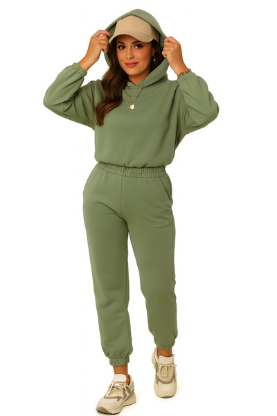 ESPİNA Kadın 3 İplik Şardonsuz Kapüşonlu Eşofman Takımı - Lastikli Bel, Kol ve Paça,Cep Detaylı