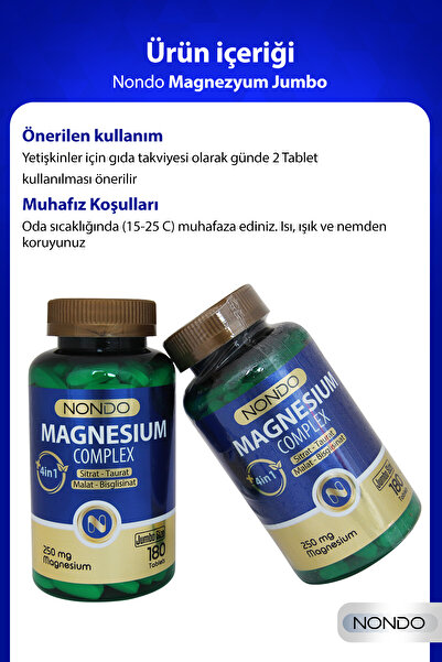Nondo Magnesium Complex 180 Tablets Jumbo Size 250 Mg 4 Forms, Citrate, Taurate, Malate, Bisglycinate,
