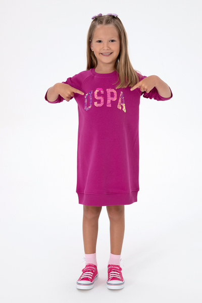 U.S. Polo Assn. Kız Çocuk Fuşya Payet Detaylı Bisiklet Yaka Sweat Örme Elbise 50314313-VR023