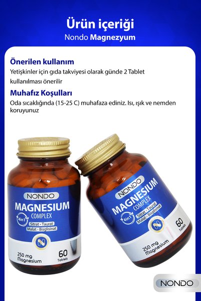 Nondo Magnezyum Kompleks 60 Tablet 250 mg 4 Form, Sitrat, Taurat, Malat, Bisglisinat, B6 Vitamini,