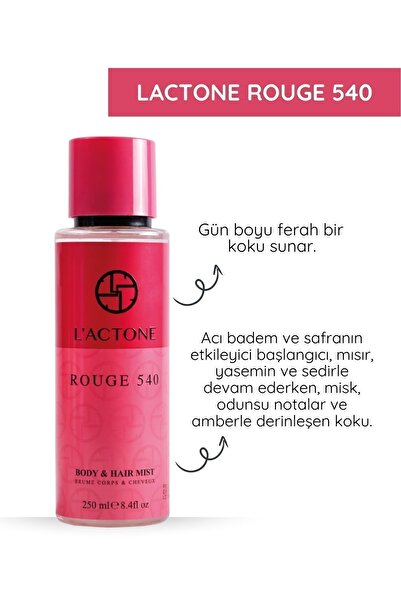 L'ACTONE Rouge 540 Body Mist & Hair Mist 250 ml / Vücut Spreyi & Saç Spreyi - Bu Aya Özel 1 Adet Oje Hediyeli