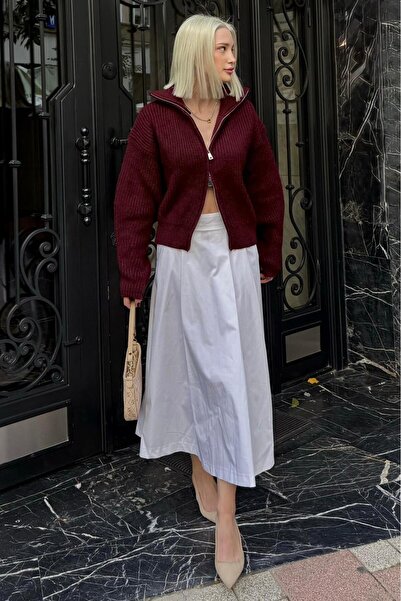 ikomteks Burgundy Double Zipper Women's Knitwear Cardigan